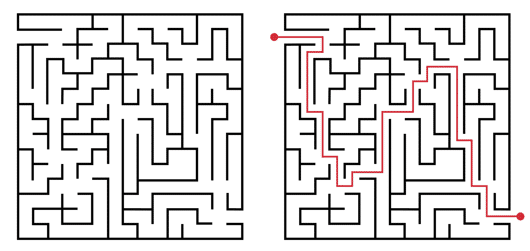 Image of two identical mazes side by side; the right side maze has the correct path outlined in red.