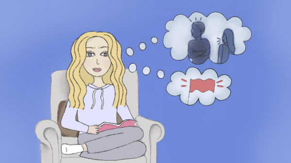 Girl thinking about red flags and relationships while reading