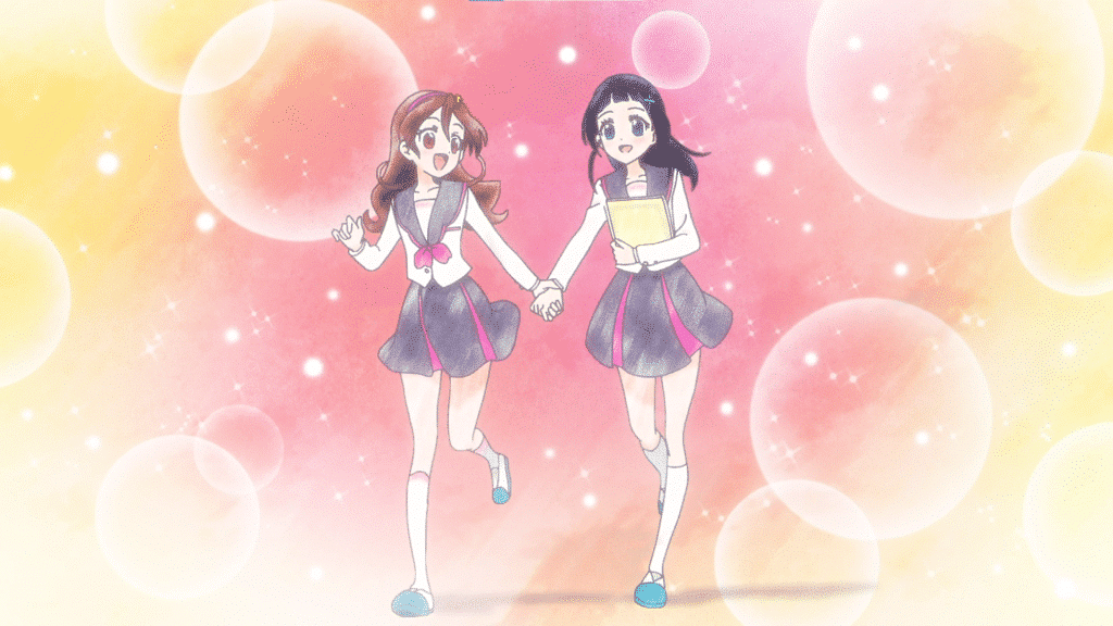 Uta Sakura and Nana Aokaze running hand-in-hand, they are drawn in a watercolor style.