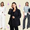 Five women all dressed in neutral basics, blazers and shirts over a beige background