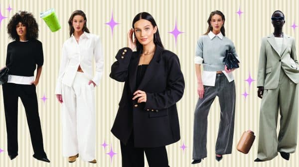 Five women all dressed in neutral basics, blazers and shirts over a beige background