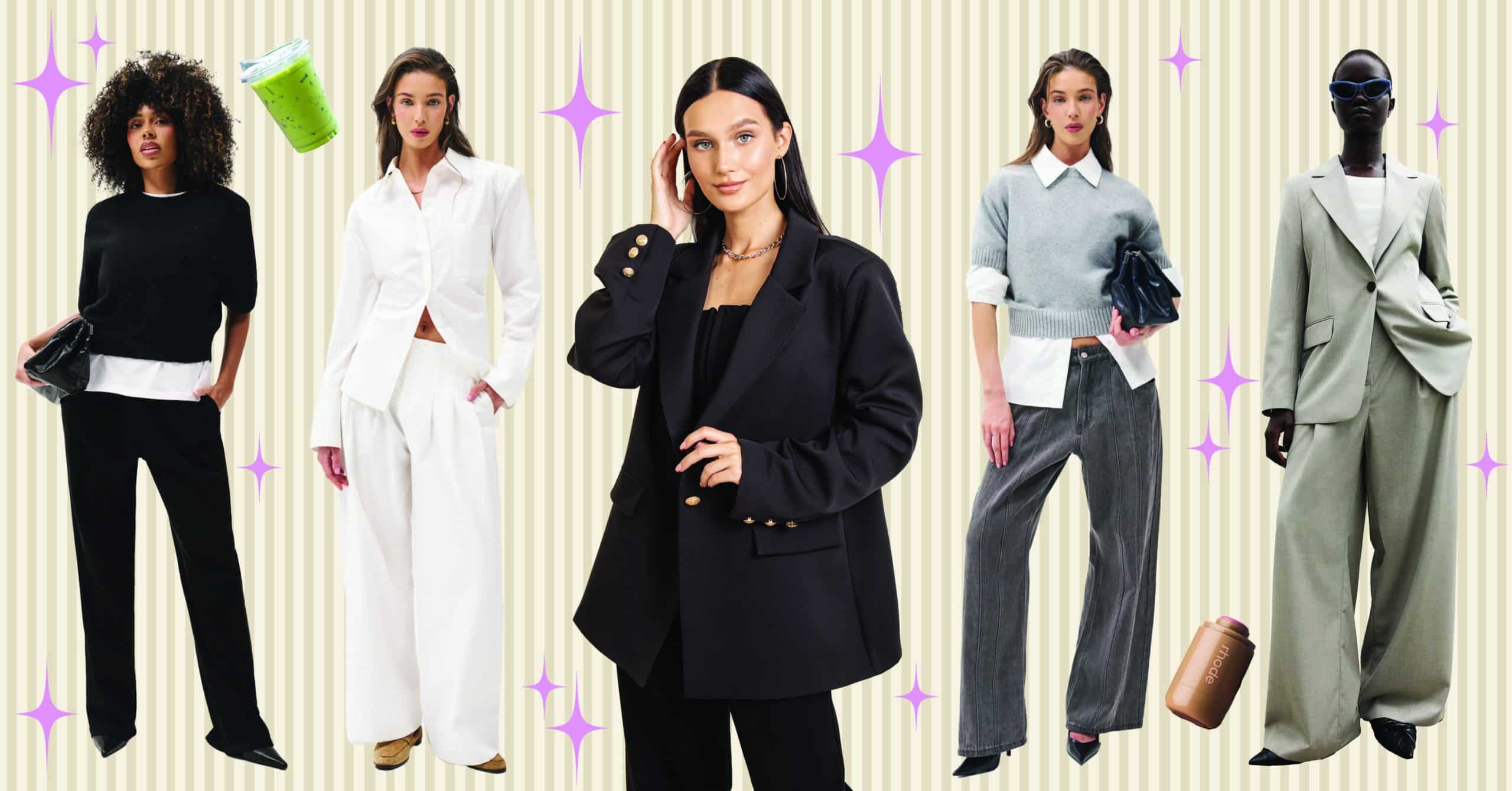 Five women all dressed in neutral basics, blazers and shirts over a beige background