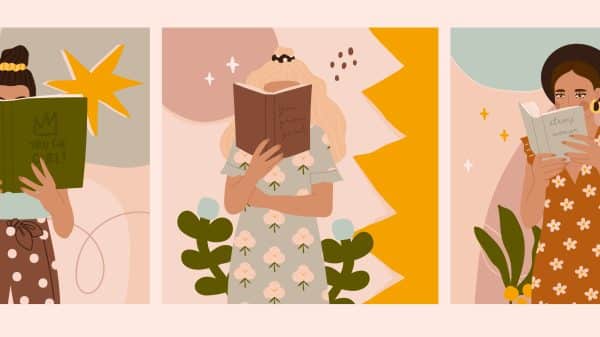 Three girls reading books for women's history month.