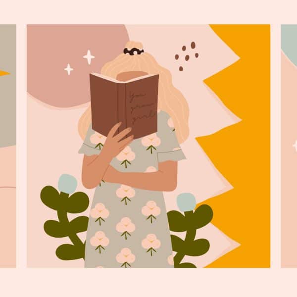 Three girls reading books for women's history month.