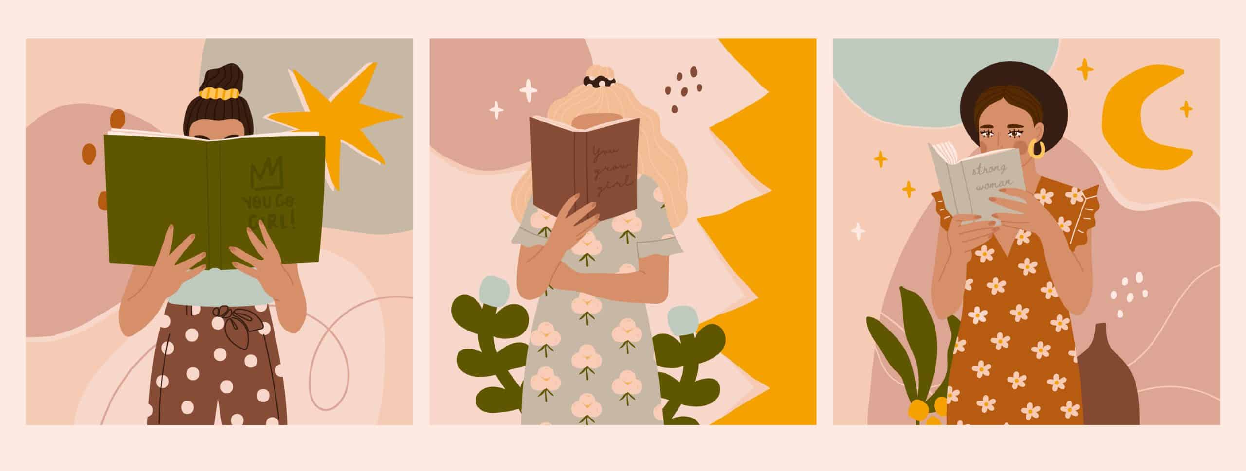 Three girls reading books for women's history month.