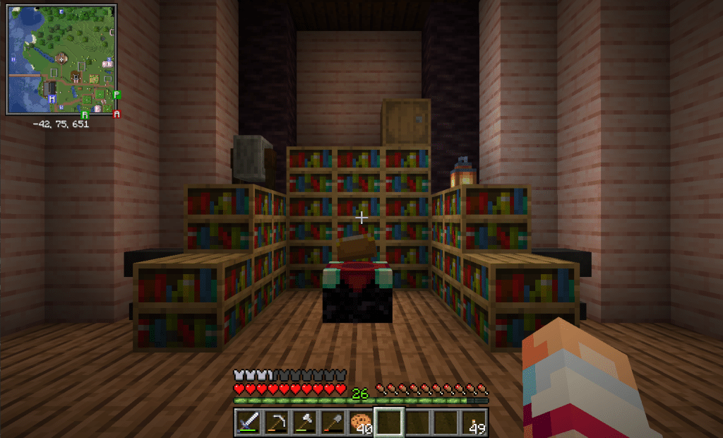 Beetroot, potato, and carrot farms in a Minecraft plains An enchantment setup in a cherry and jungle wood room in Minecraft. A minimap from the Xaero's Minimaps mod is in the corner.