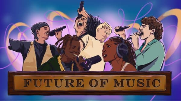 Graphic design of six musical artists with the words "Future of Music" at the bottom.