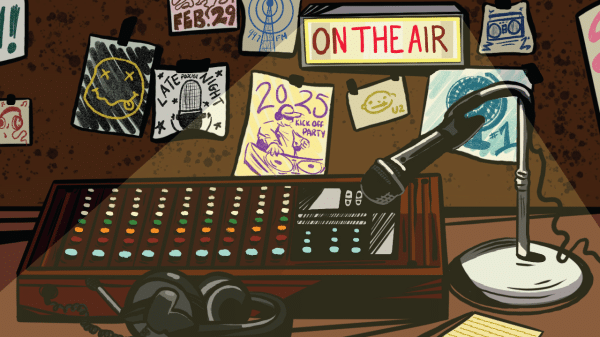 Drawing of a radio soundboard next to a microphone and a sign saying "On the air"