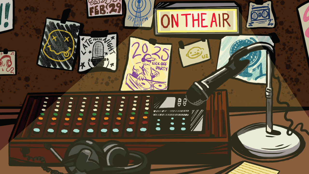 Drawing of a radio soundboard next to a microphone and a sign saying "On the air"