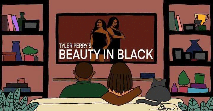 A couple is on the couch watching their TV where Tyler Perry's Beauty in Black is playing