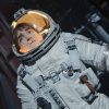 A still of the film "Mickey 17" where Robert Pattinson's character wears a spacesuit and stares off into the distance.