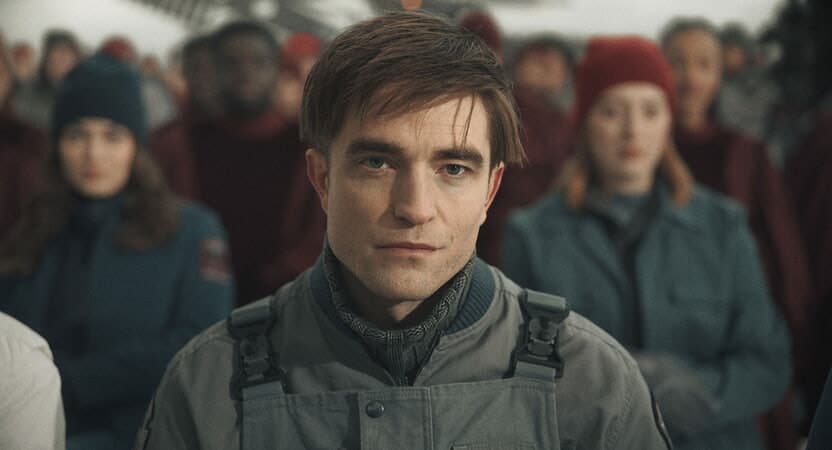 A still from the film "Mickey 17" where Robert Pattinson's character stares directly into the camera.