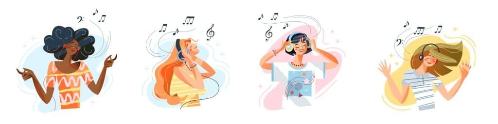 Four people listening to music with headphones and dancing