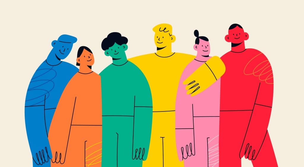 Care for your friends: five friends hugging each other.
