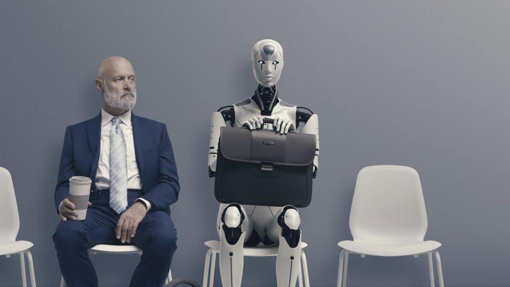 Human and AI bot waiting for a job interview. Image: Shutterstock/Stokkete