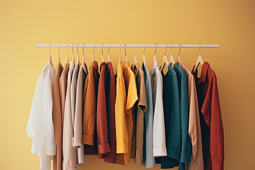 Clothing rack with colorful tops and yellow background