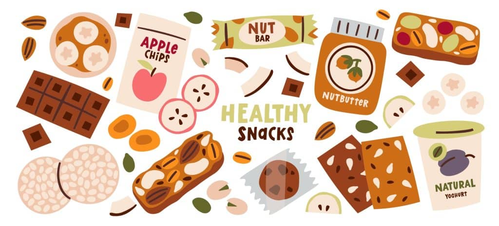 healthy snacks illustration with nut butter, natural yogurt, apple chips, rice snacks, nut bar, almonds and more
