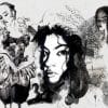 Watercolour style black and white painting of women