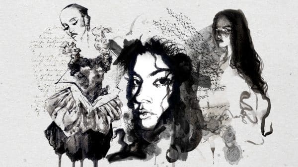 Watercolour style black and white painting of women