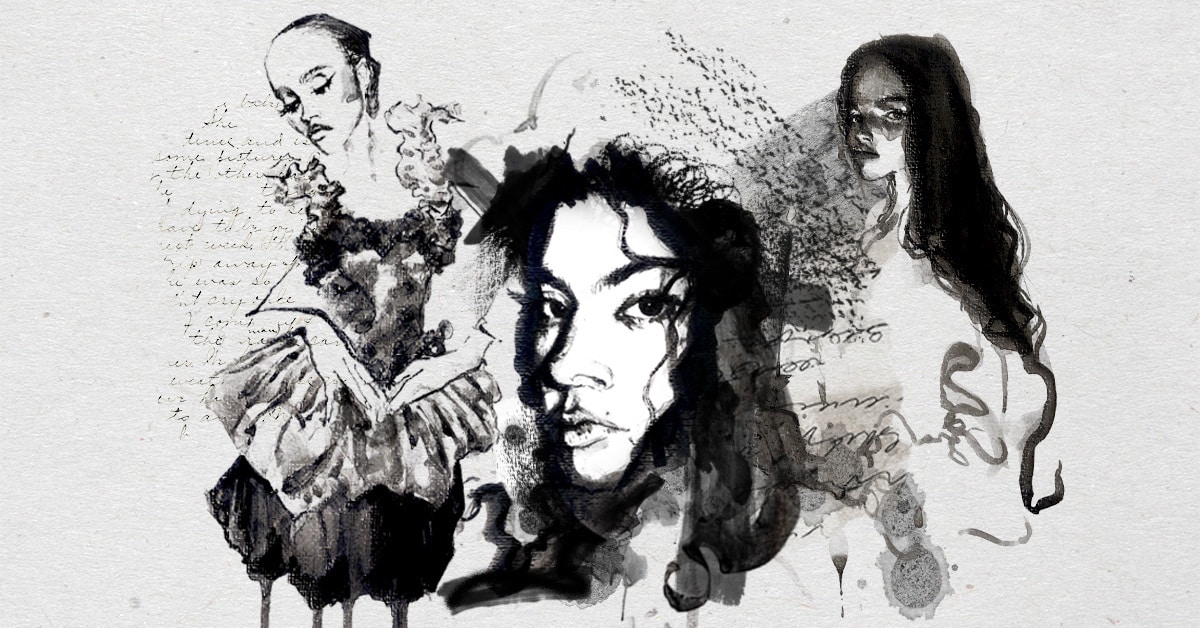 Watercolour style black and white painting of women