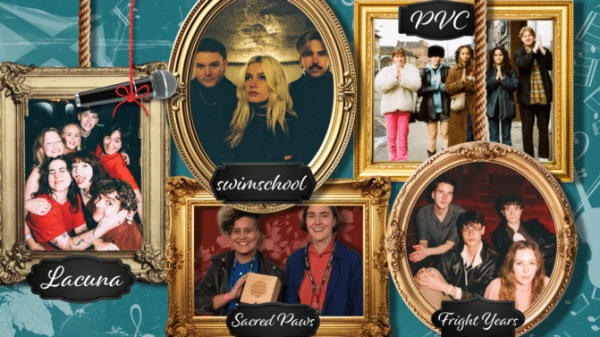 Five different frames with photos of 5 different bands: Lacuna, Swim School, PVC, Fright Years and Sacred Paws