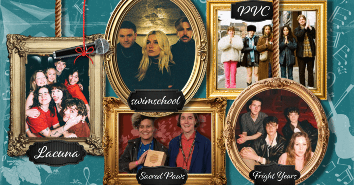 Five different frames with photos of 5 different bands: Lacuna, Swim School, PVC, Fright Years and Sacred Paws