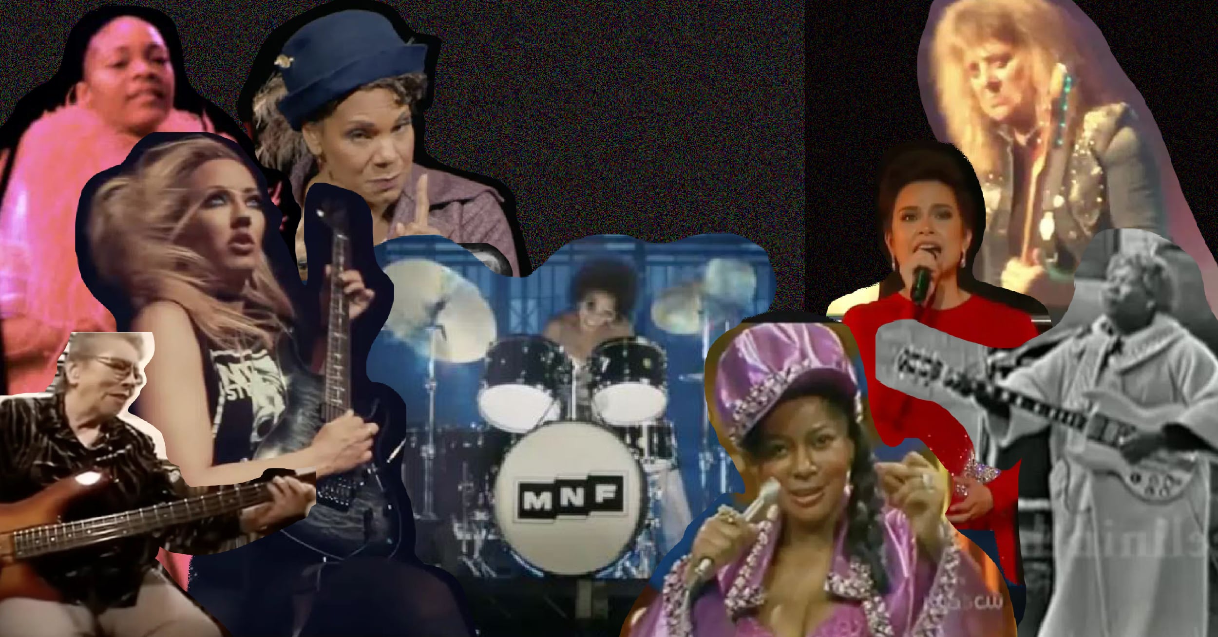 Graphic of multiple female musicians through the ages.