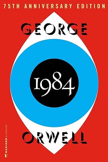 A large blue eye expands the cover of the dystopian class 1984.