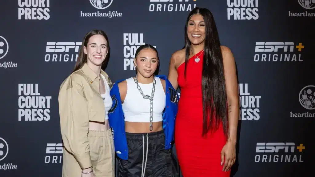 Caitlin Clark, Kiki Rice, and Kamilla Cardoso at a Full Court Press promotional event. 