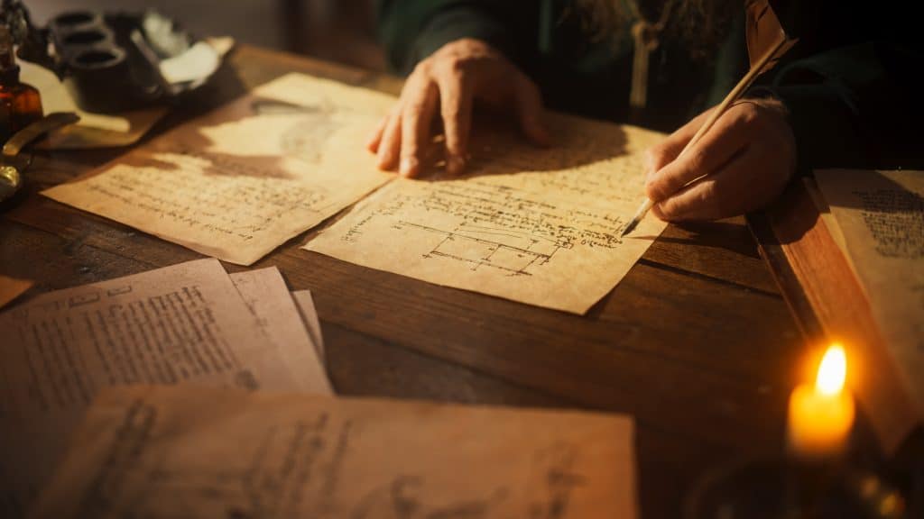 A person writing with ink on paper in a moody, candlelit Renaissance-era setting.