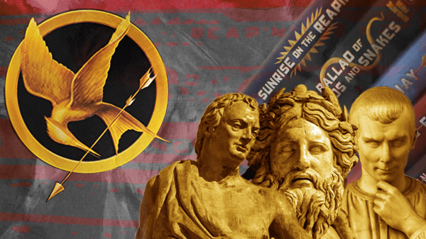 Mockingjay symbol and statues of philosophers over a background of the Hunger Games books.