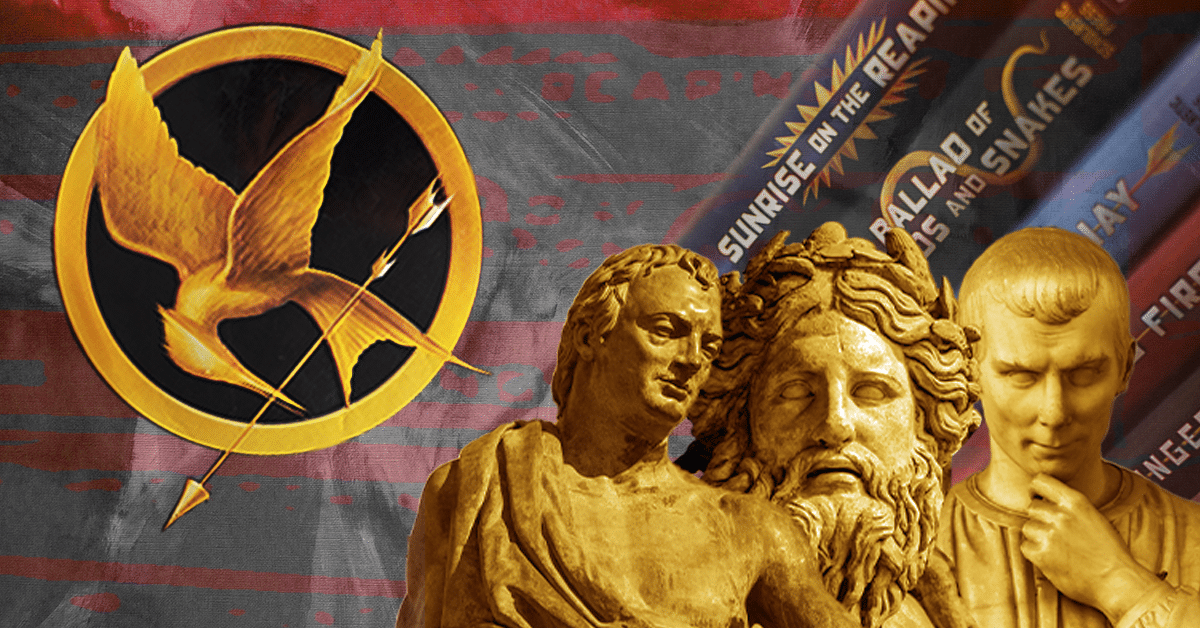 Mockingjay symbol and statues of philosophers over a background of the Hunger Games books.