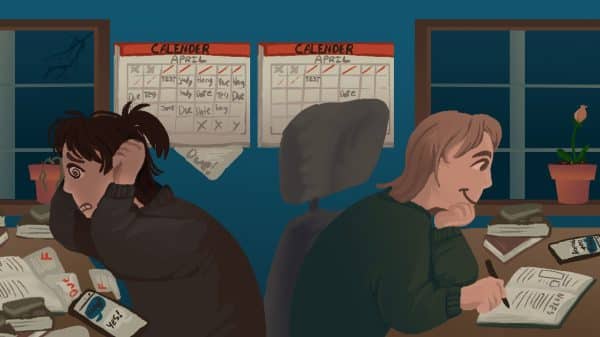 Two people sitting at a desk with calendars, showing How to Improve Time Management Skills as a Student