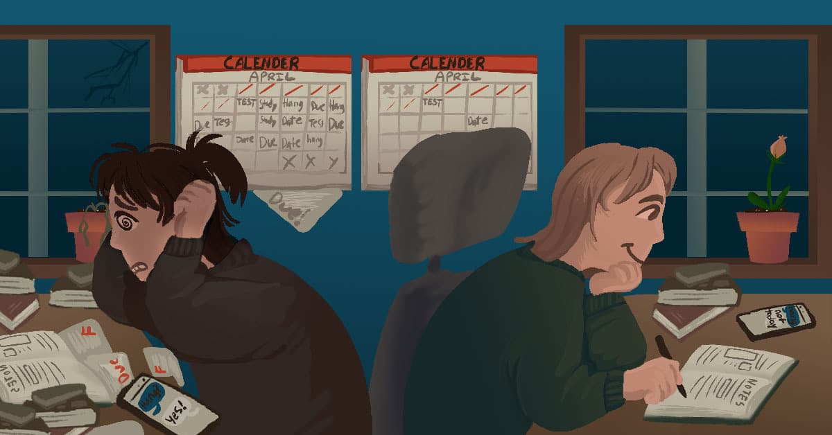 Two people sitting at a desk with calendars, showing How to Improve Time Management Skills as a Student