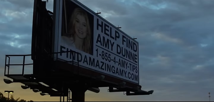 Billboard reads "Help find Amy Dunne, 1-855-4-AMY-TIPS findamazingamy.com"