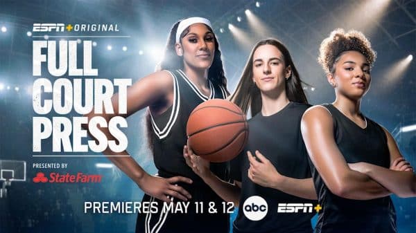 Kamilla Cardoso, Caitlin Clark, and Kiki Rice in promotional material for ESPN's Full Court Press.