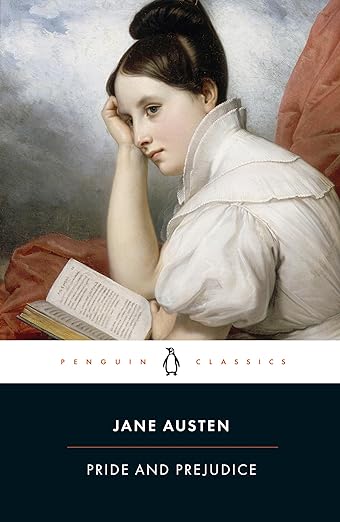 Regency era woman reading a book on the cover of the Penguin Classics version of Pride and Prejudice