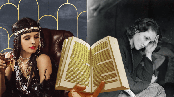 A woman dressed in 1920s jazz fashion stands on the left in vibrant colour, with an open book placed in the centre, and a sad-looking woman in black and white on the right.