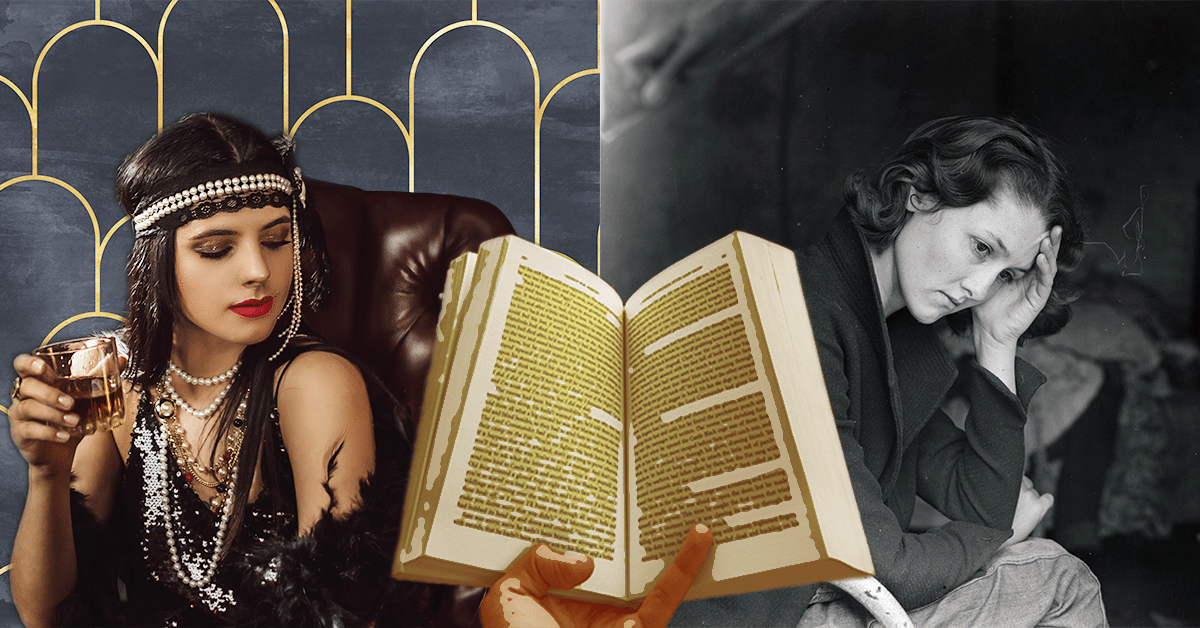 A woman dressed in 1920s jazz fashion stands on the left in vibrant colour, with an open book placed in the centre, and a sad-looking woman in black and white on the right.