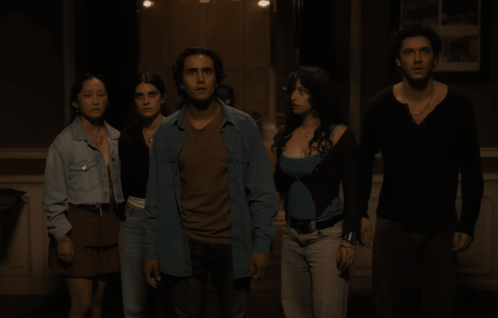 Left to right: Ji-young Yoo, Ella Rubin, Michael Cimino, Odessa Azion, Belmont Cameli as a group of friends in Until Dawn 2025