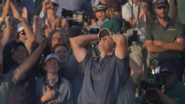 Rory McIlroy on the 18th green at the Masters, at Augusta National.