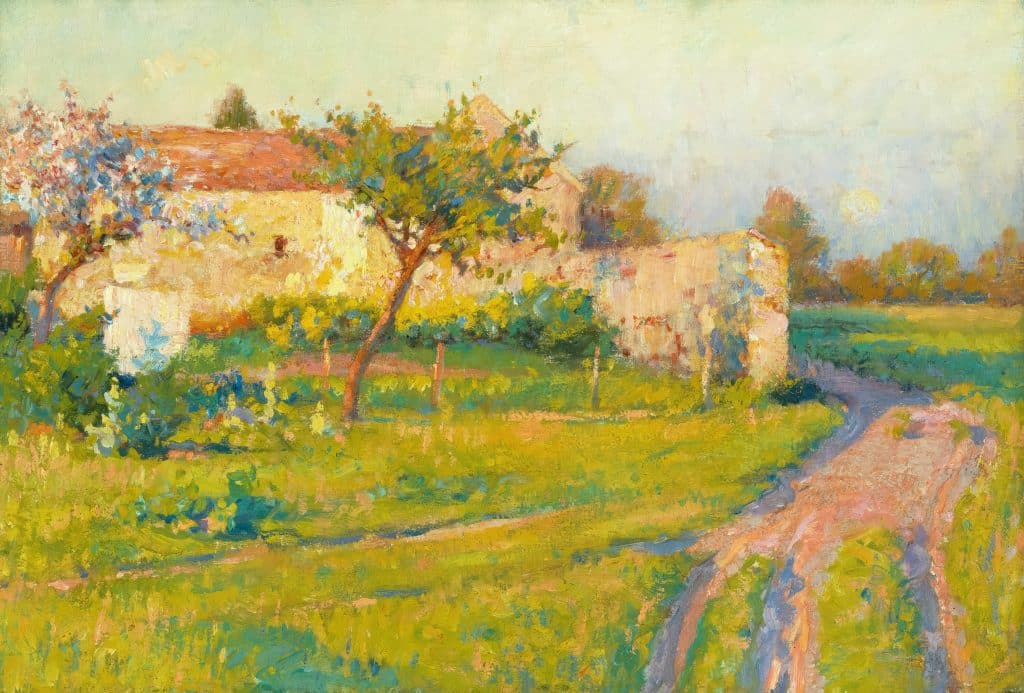 A watercolor painting of a sunlit spring field with soft grass, scattered wildflowers, and warm light — evoking the quiet mood of spring literature.