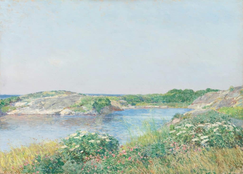 A watercolor painting of the sea meeting flower-covered banks.