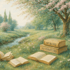 A soft watercolor painting of a spring meadow with blooming trees.