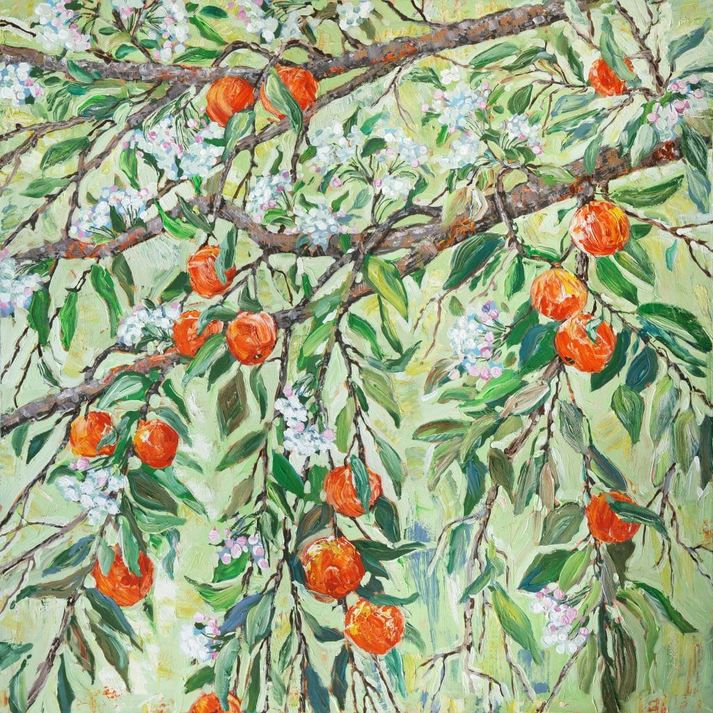 A painting close-up of an orange tree with blossoming branches.