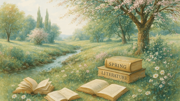 A soft watercolor painting of a spring meadow with blooming trees.