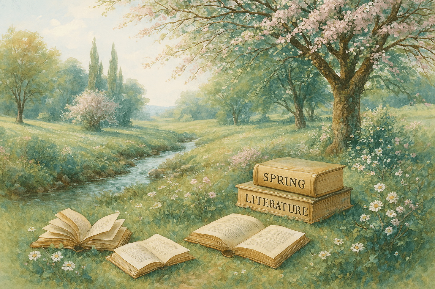 A soft watercolor painting of a spring meadow with blooming trees.