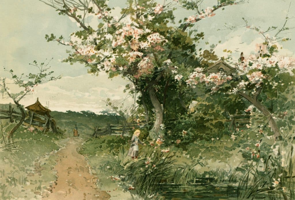 A painting of a girl standing in a blooming field, surrounded by flowers and trees — capturing the personality and wonder of spring literature.