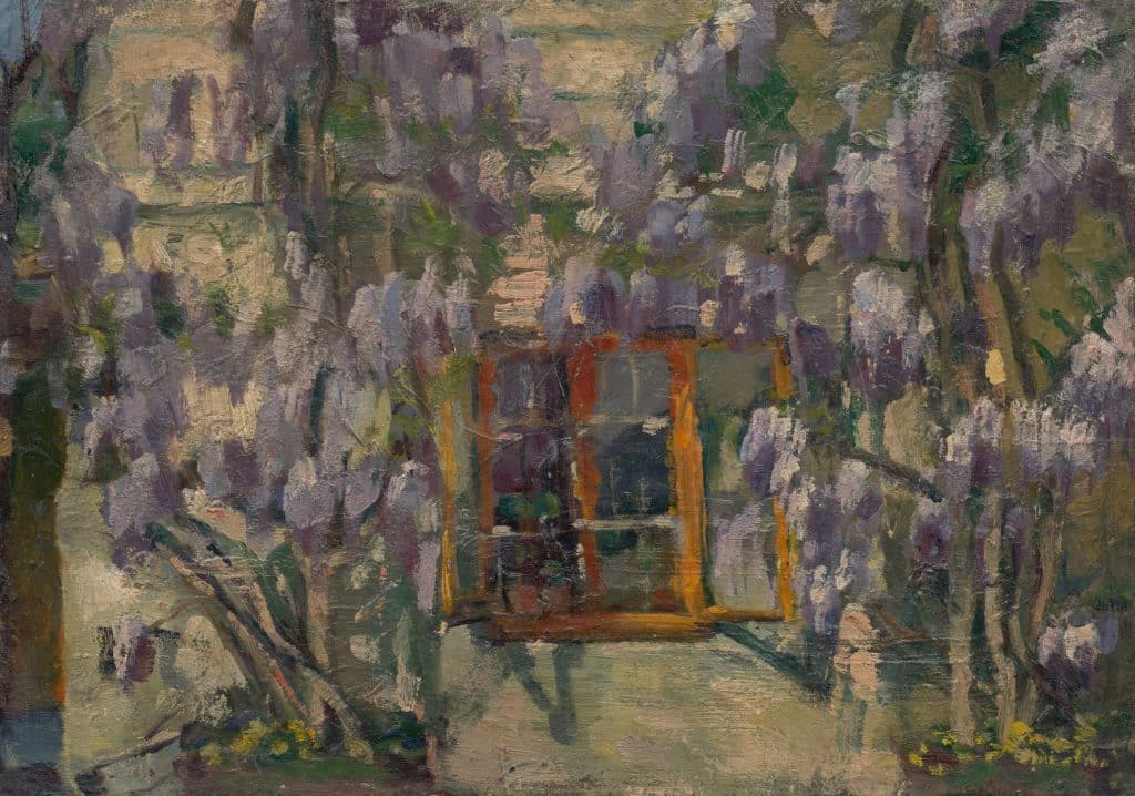 An oil painting of open windows with lavender flowers climbing the walls, symbolizing the revelations and openings found in spring literature.