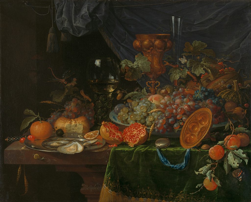 A painting of a table with scattered fruit and half-eaten food showing quiet disruption within spring literature.